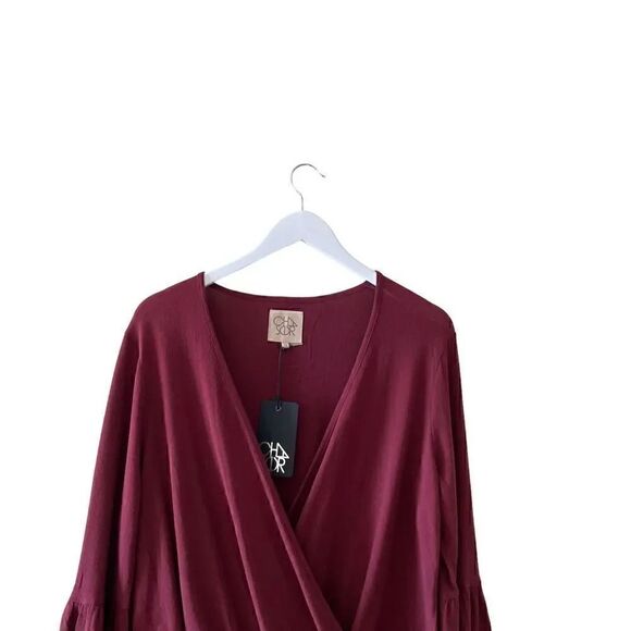 NWT Chaser Revolve Cotton FLARED SLEEVE SURPLICE  Faux Wrap Top Old Zin  Sz M - Picture 8 of 13